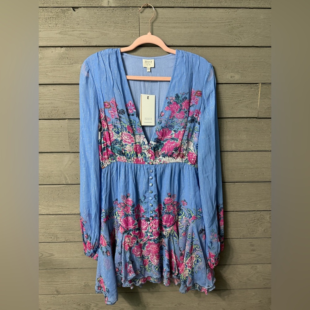NWT Hemant & Nandita Mila Floral Metallic Stripe Dress Stone Blue L Valentines - Picture 7 of 16